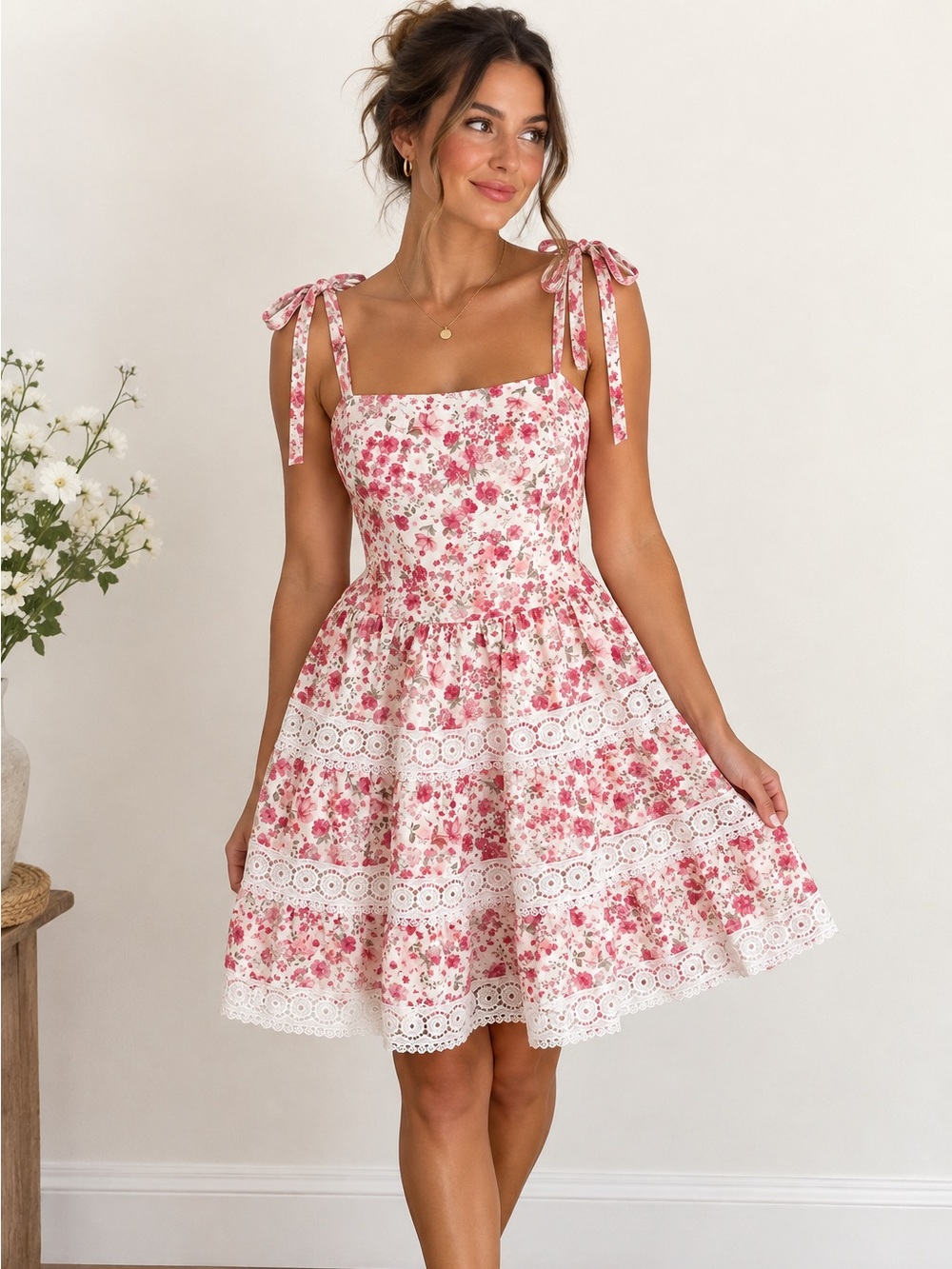 Altar’d State pink and white floral cottagecore tie strap mini dress - small